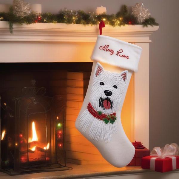 A Westie Christmas stocking hanging on a fireplace mantle