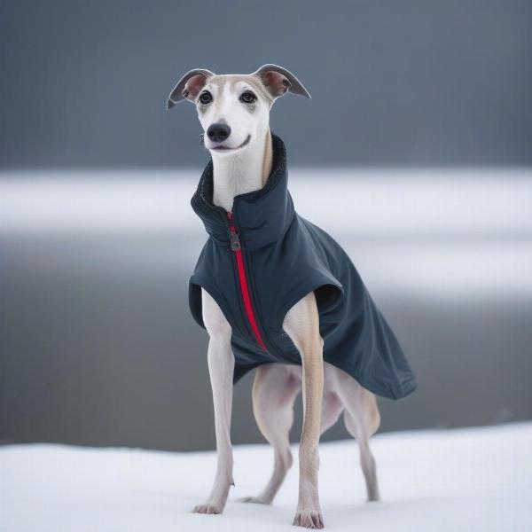 Whippet dog wearing coat in winter