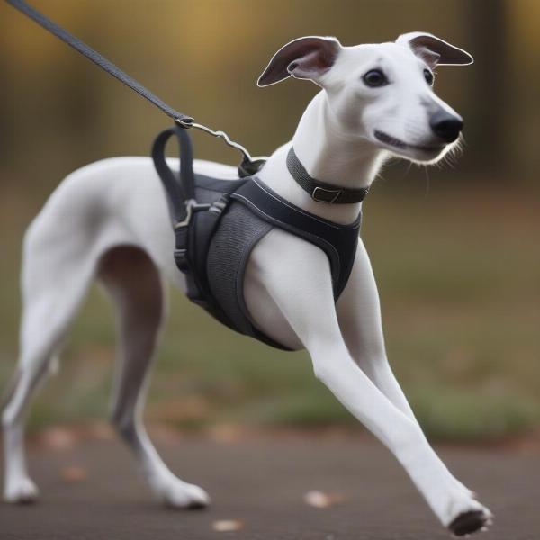 Whippet walking with a harness