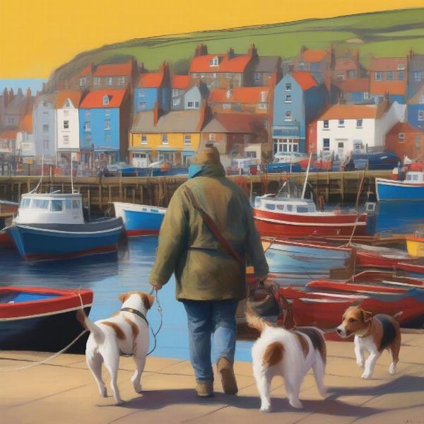 Dog walking along Whitby harbour with colourful boats in the background.