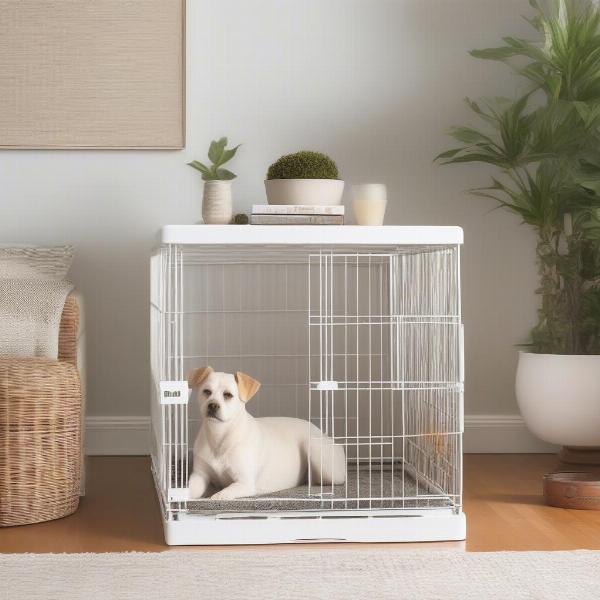 White dog crate in a modern living room