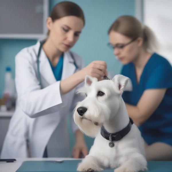 White Schnauzer at the vet