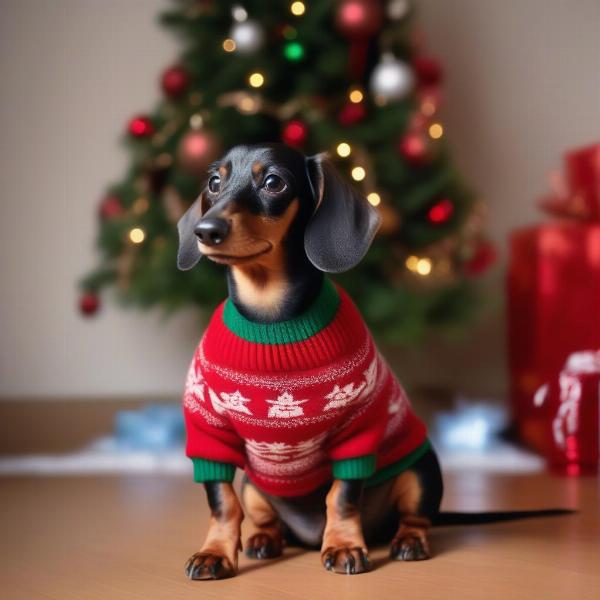 A dachshund wearing a Christmas sweater