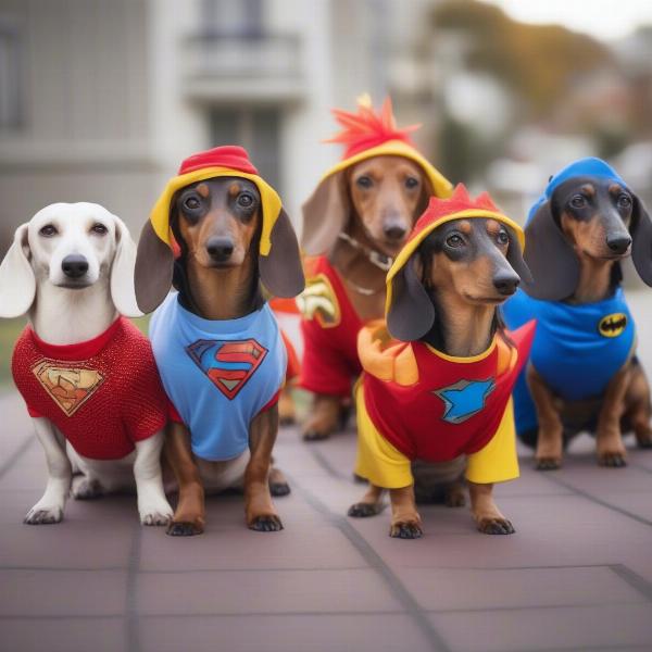 Wiener dogs in costumes at a festival