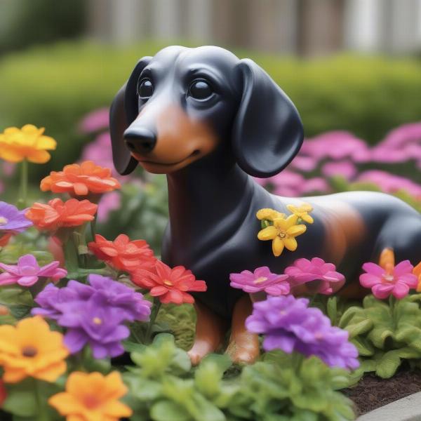 Wiener dog statue in a garden