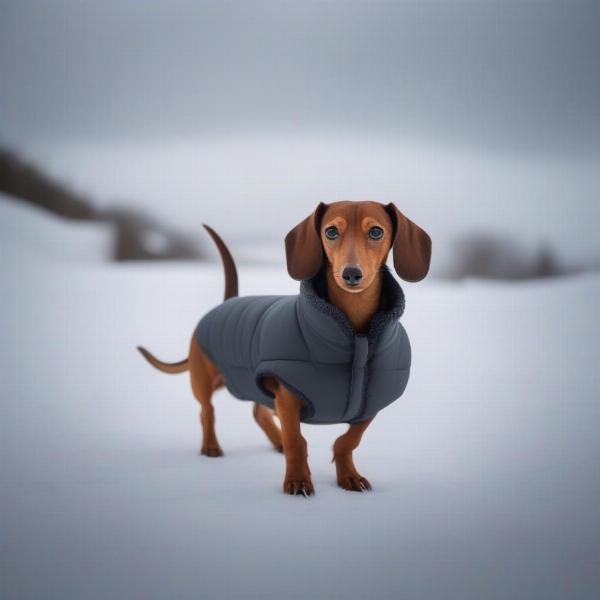 Wiener dog wearing a winter coat