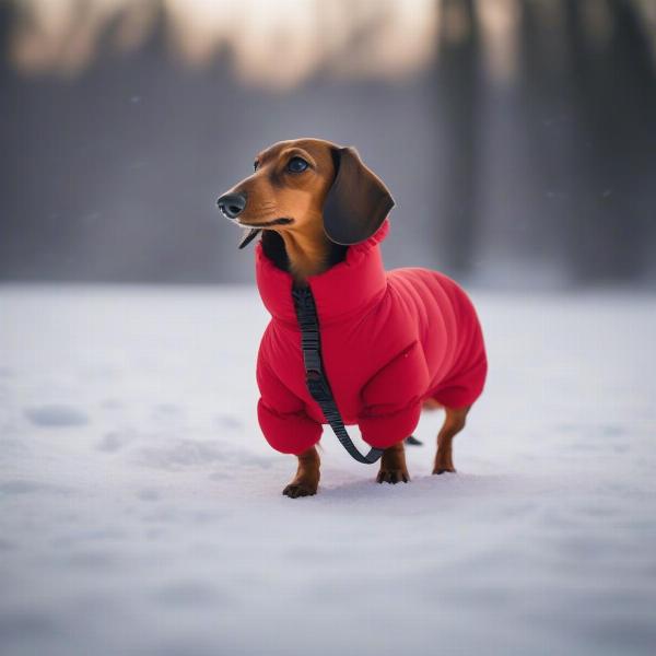 Wiener dog wearing a warm winter coat