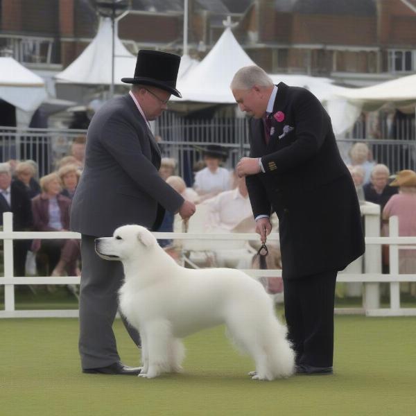 Participating in Windsor Dog Show: A dog being judged in the show ring.