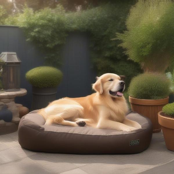 Dog relaxing in a wine barrel dog bed outdoors