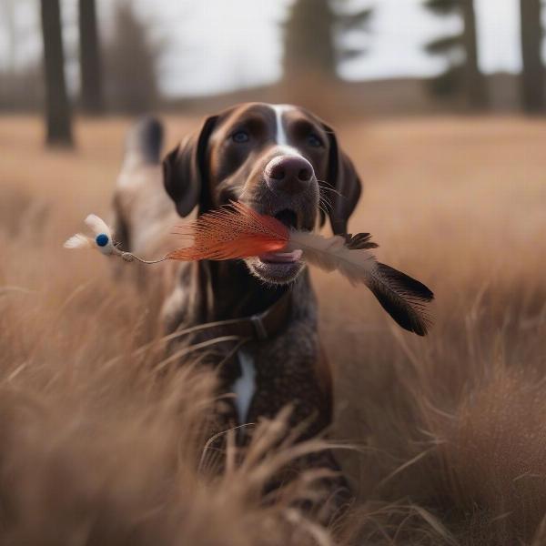 Dog playing with a feathered toy