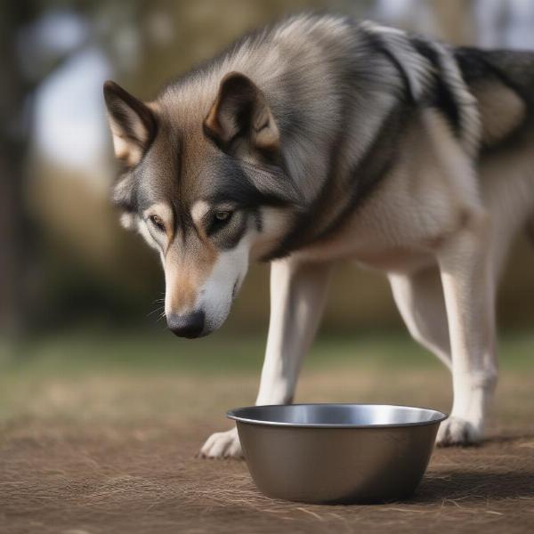 Wolf dog eating from a bowl