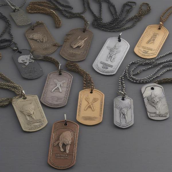 Wolverine dog tags made from different materials like stainless steel and aluminum.