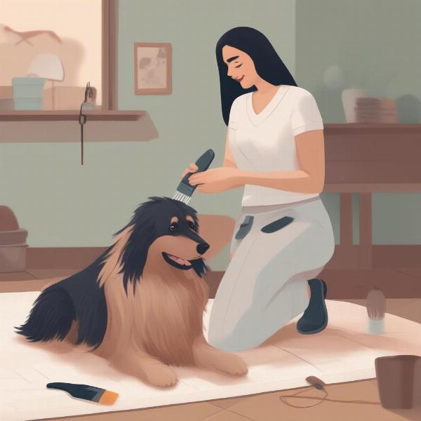 A woman grooming her dog at home, brushing its fur.