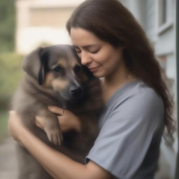 Woman hugging her dog tightly