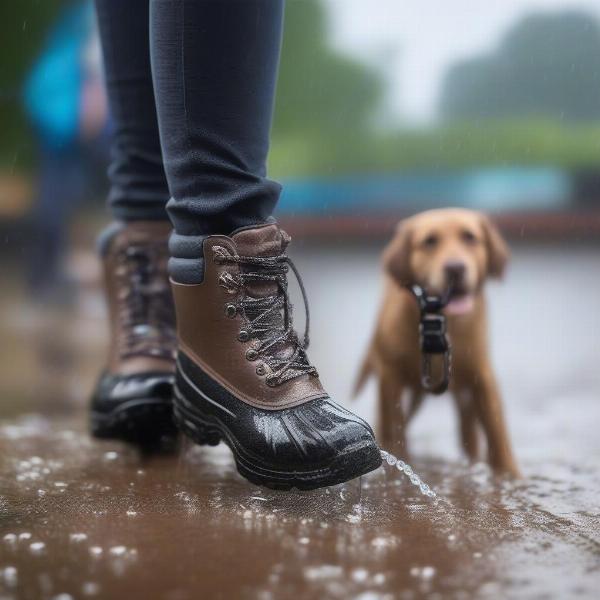 Waterproof women's dog walking boots in the rain