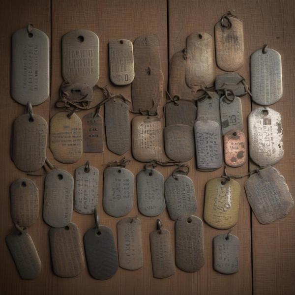 World War Two Military Dog Tags: A close-up view of authentic dog tags from the era, showing their shape, material, and typical markings.