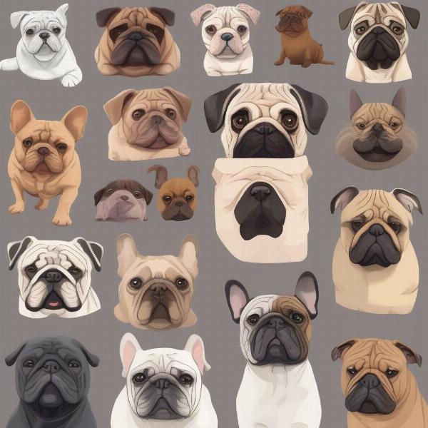 Different wrinkly dog breeds like Pug, Shar-Pei, and French Bulldog.