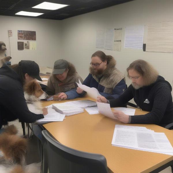 Volunteers writing a grant application for a dog rescue