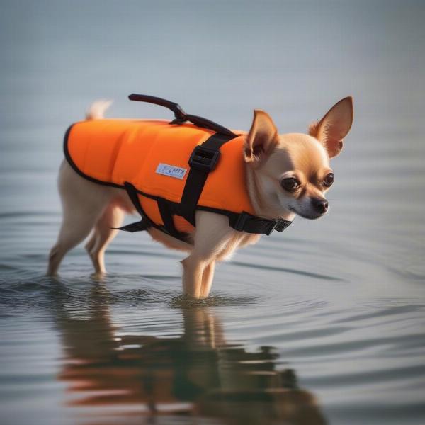 XXSmall dog wearing a life jacket in the water, staying safe.