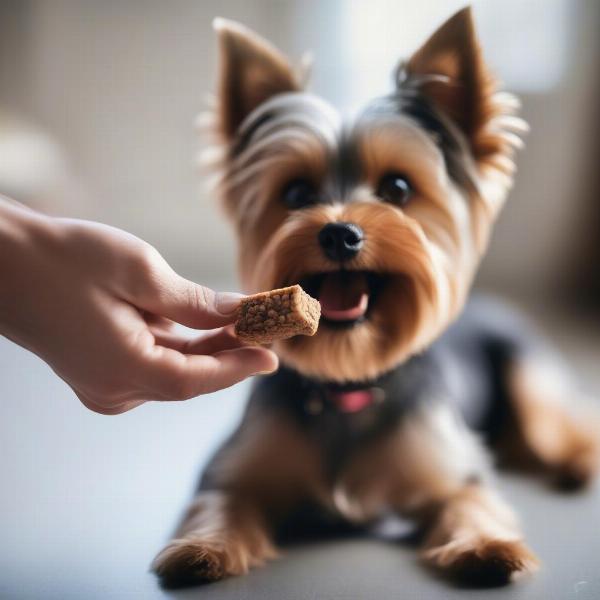 Yorkie enjoying a healthy treat