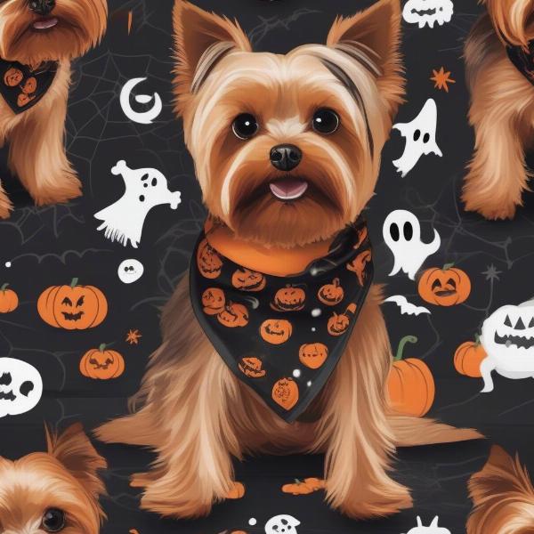 Yorkie with a Halloween Bandana