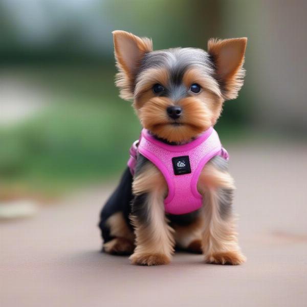 Yorkie wearing a harness