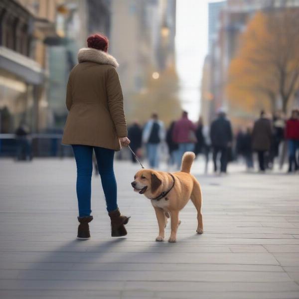 Dog walking on a 4 foot leash in an urban setting