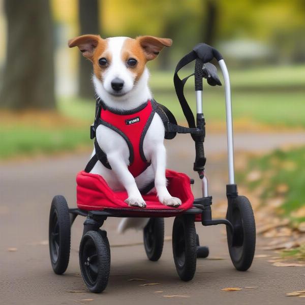 A happy dog using a 4 wheel dog wheelchair