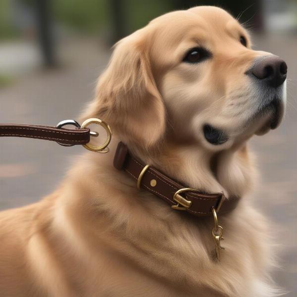 A brown leather dog leash with brass hardware attached to a golden retriever's collar.