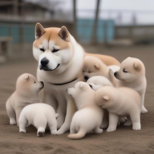 Akita Inu breeder with puppies