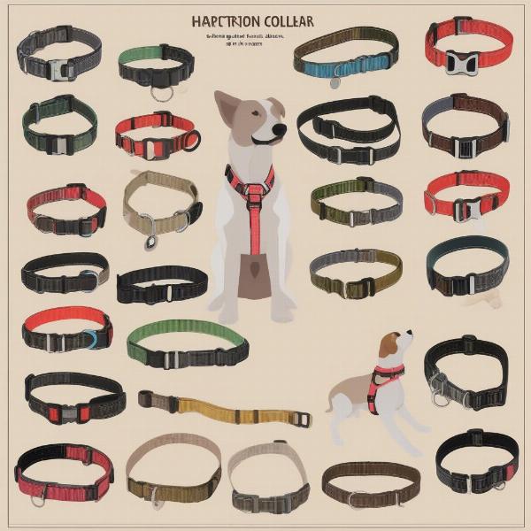 Showing different types of dog collars and harnesses.