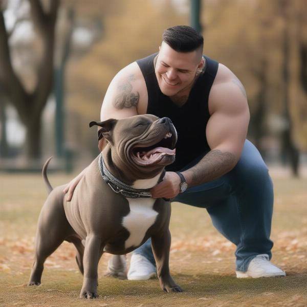 American Bully playing with its owner