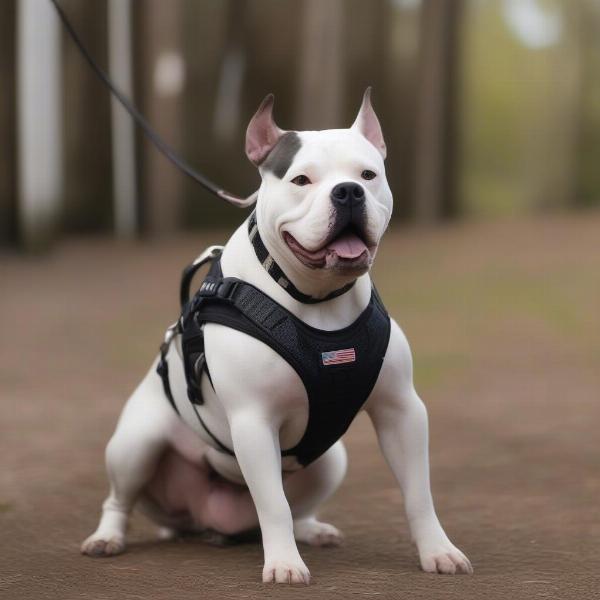 American Bully dog wearing a comfortable and secure harness.