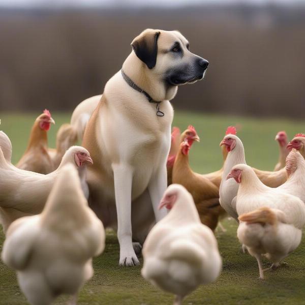 Anatolian Shepherd watching over chickens