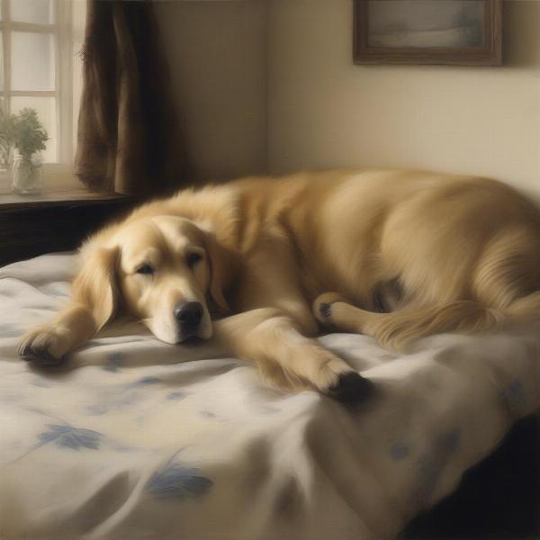 Andrew Wyeth painting of a dog peacefully sleeping on a bed