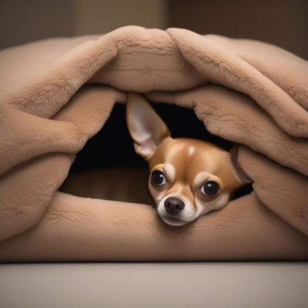 Anxious dog finding comfort in a cave bed