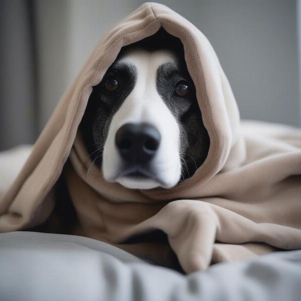 Anxious dog finding comfort in a hooded bed