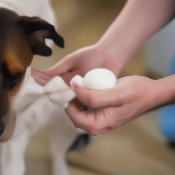 Applying diluted Curatex to a dog's paw with a cotton ball