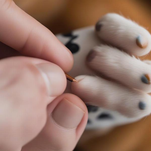 Applying dog toe grips to a dog's paw