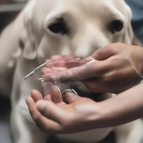 Applying lubricant to a dog's penis for paraphimosis.