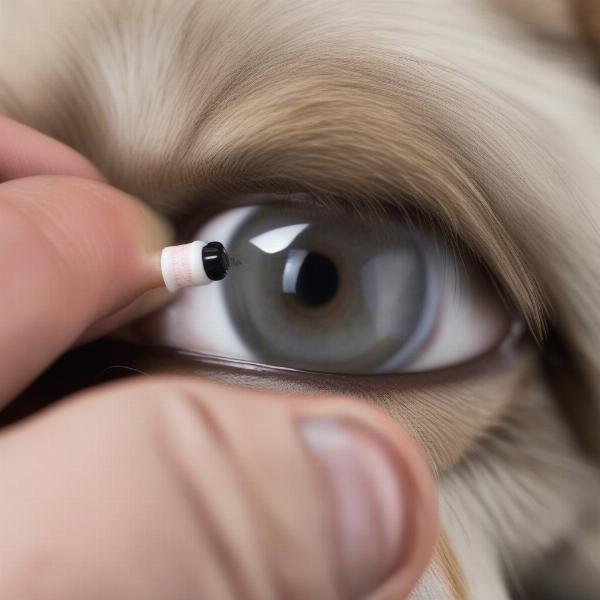 Applying Neo Poly Bac ophthalmic ointment to a dog's eye