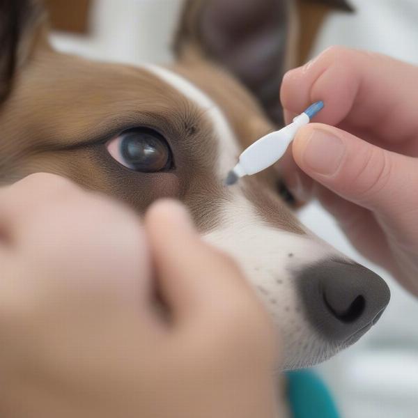 A veterinarian demonstrates the proper technique of applying Neo Poly Dex ointment to a dog's eye