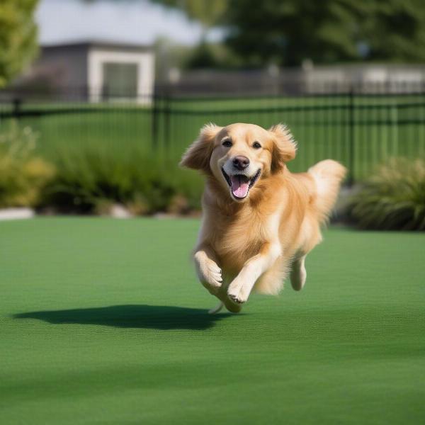 Happy dog playing on artificial grass dog run