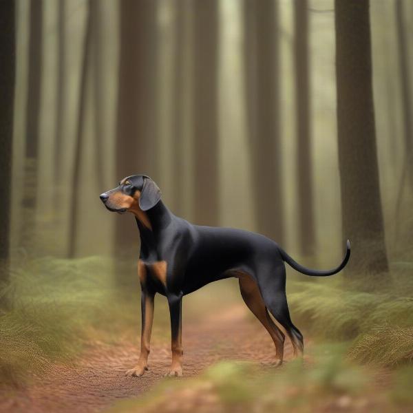 Austrian Black and Tan Hound tracking scent in woods