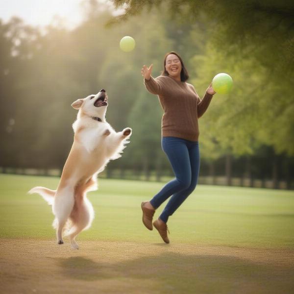 A dog owner interacting and playing with their dog at the park.