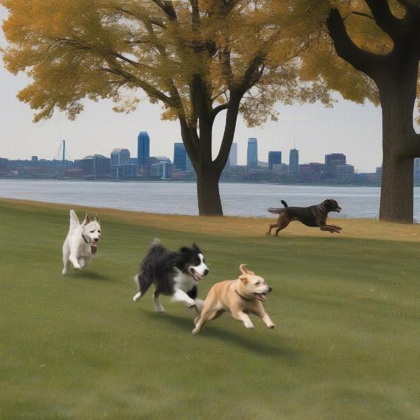 Bayfront Park Hamilton: Dogs enjoying the off-leash area with a view of Lake Ontario