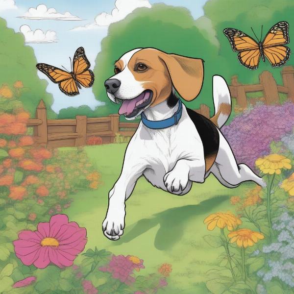 Beagle Chasing Butterfly Coloring Page