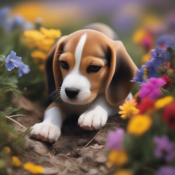 Beagle puppy sniffing flowers