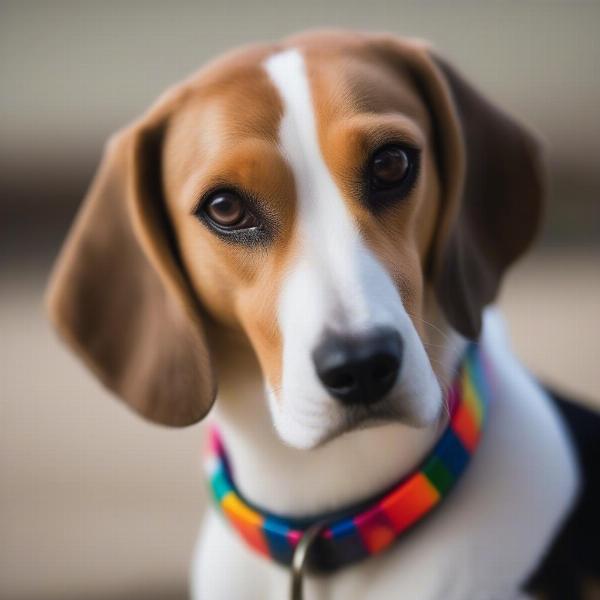 Beagle wearing a new collar