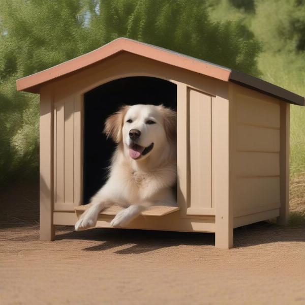 Dog enjoying a cool below ground dog house in the summer.